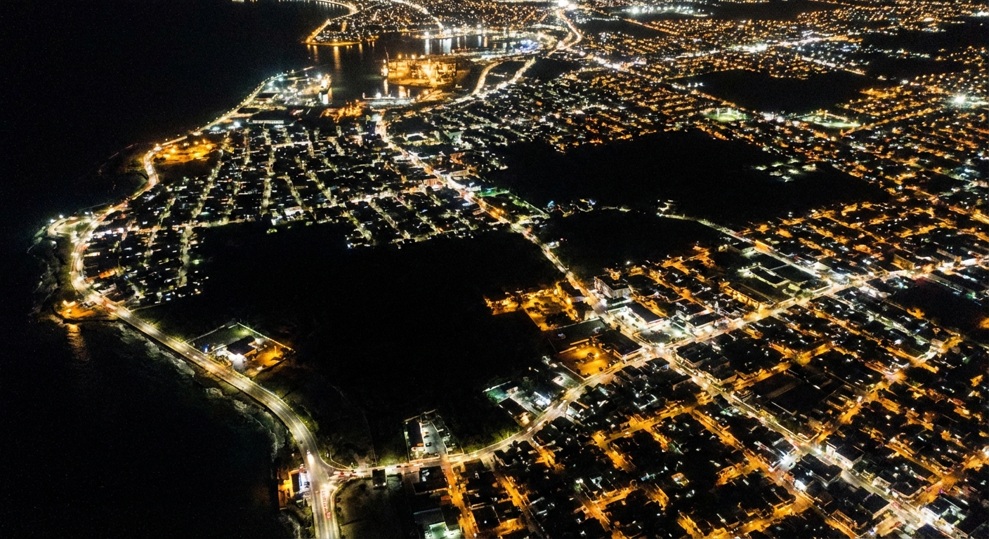 Cuba power grid blackout - aerial view of darkened Caribbean cityscape at night